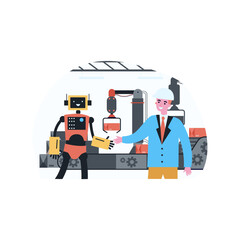 Wall Mural - man in suit and helmet shaking hands with robot at factory. flat vector illustration. robots working