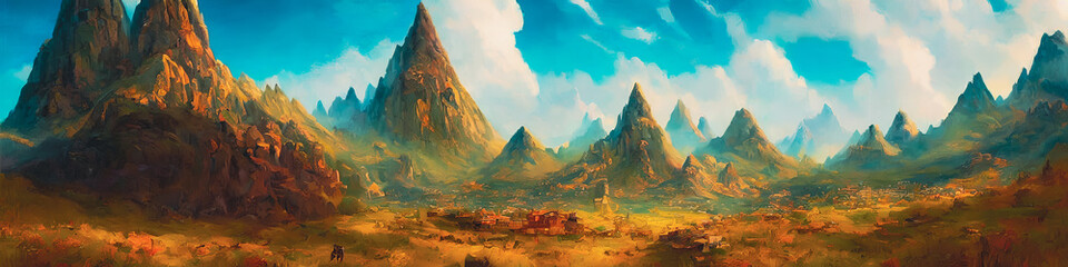  Beautiful fantasy mountain landscape. Panoramic.
