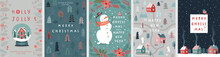 Christmas Card Set - Hand Drawn Cute Flyers. Postcards With Lettering And Christmas Background - Winter Village.