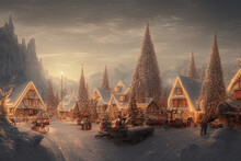 Digital Painting Of A Nordic Village Decorated With Lights Built Inside A Snowy Mountain  - AI Generated