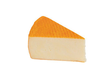 Sticker - slice of pressed cheese with an orange crust, close-up