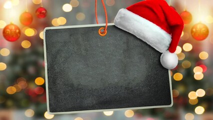 Wall Mural - merry christmas concept, handing chalkboard and hat with blur bokeh and fir tree and balls background