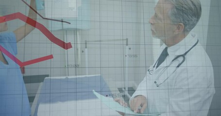 Wall Mural - Animation of red lines with data processing over doctors in hospital