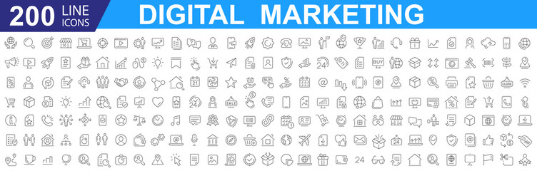 Big set of 200 Digital Marketing web icons. Outline web icons set - Search Engine Optimization. Containing seo, content, website, social media. Communication, marketing, ecommerce. 