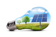 Eco LED light bulb with solar panel isolated on transparent background, PNG. Concept of green energy.
