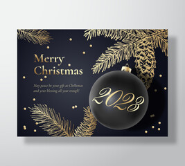 Wall Mural - Merry Christmas Abstract Vector Greeting Card, Poster or Holiday Background. Classy Black and Gold Colors, Glitter Tinsel and Typography Xmas Ball with Soft Shadows and Sketch Fir-needles, Strobile