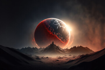 Lunar eclipse. 3d render of red moon in space. Planet mars. Fantasy astronomy. Sphere in orbit in the black of space. Celestial alien planet. End of time. Armageddon. The upcoming of doom. End of time