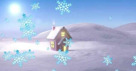 Wall Mural - Animation of snow falling and house in winter scenery