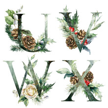 Watercolor Frolal Letters Set Of U, V, W, X With Rose Flowers. Hand Painted Alphabet Symbols Of Plants Isolated On White Background. Holiday Illustration For Design, Print, Fabric Or Background.