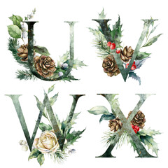 Watercolor frolal letters set of U, V, W, X with rose flowers. Hand painted alphabet symbols of plants isolated on white background. Holiday Illustration for design, print, fabric or background.