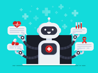 Medical Robot vector illustration. ChatBot out of screen monitor holds speech bubbles with medical icons. Medical bot answers questions of patients. Vector illustration in flat design style