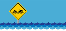 Stop, Beware Of Sharks Sigboard. Cartoon Shark Warning Sign For Beach People In The Water Or Ocean Zone. Stickman Swimming. Shark Sighting Sign, Beach Closed Area. No Swim. Shark Fin