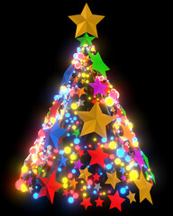 Wall Mural - Christmas tree abstract with colorful cristmassy stars and lights on black background