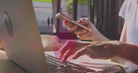 Canvas Print - Animation of padlock icon and data processing over caucasian woman using laptop and smartphone