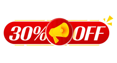 Aufkleber - Megaphone with 30 percent off on white background. Megaphone banner. Web design. Vector