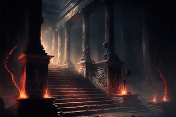 Wall Mural - The eternal fire, dark atmospheric landscape with stairs to ancient columns and font of fire. Generative AI