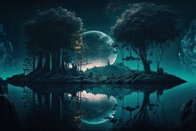 Futuristic Night Landscape With Abstract Forest Landscape. Dark Forest With Reflection Of Moonlight