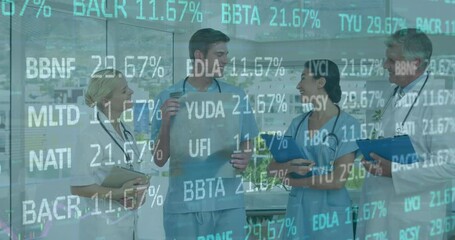 Poster - Animation of trading board over multiracial doctors discussing x-ray report at hospital