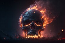 Skull Burned In Fire In Dark Halloween Night. Concept Of Halloween