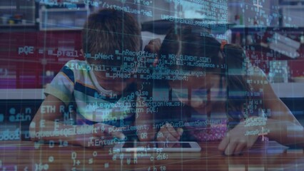 animation of programming language, falling bars over diverse children using digital table