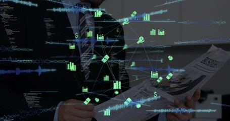 Wall Mural - animation of connections and data over caucasian businessman