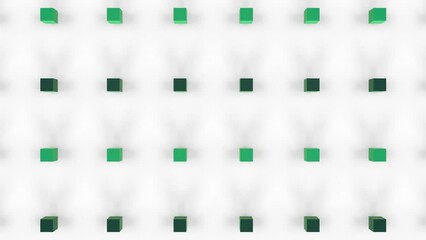 Animation of green colored three dimensional cubes moving against white background