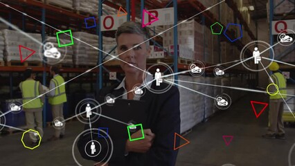 Poster - Animation of network of connections with icons and shapes over diverse workers in warehouse