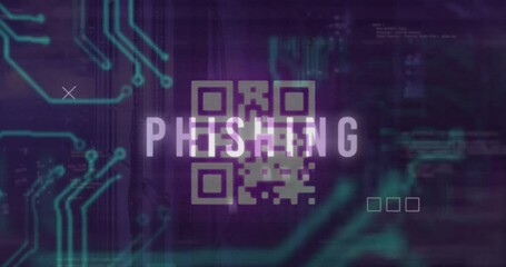 Wall Mural - animation of x mark on phishing text and qr code, binary codes against circuit board texture