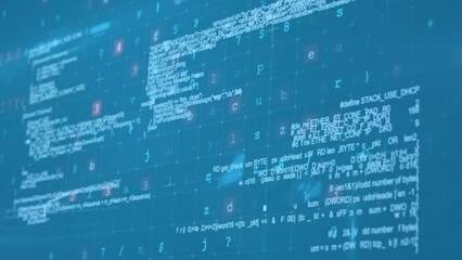 Animation of multiple texts, alphabets, numbers, symbol, programming language over blue background
