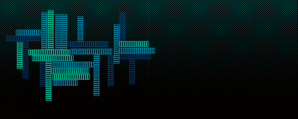A digital illustration of a dark background with blue and green shapes.