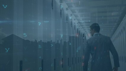 Wall Mural - Animation of data processing and cityscape over caucasian man in server room