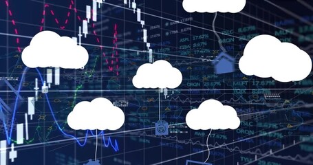 Sticker - Animation of clouds with icons over data processing on black background