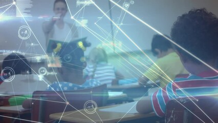 Wall Mural - Animation of network of connections with data processing over diverse schoolchildren and teacher