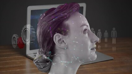 Sticker - Animation of network of connections and caucasian woman over laptop with icons and data processing