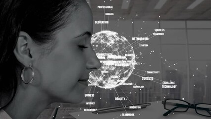 Canvas Print - Animation of caucasian woman and globe with data processing over cityscape