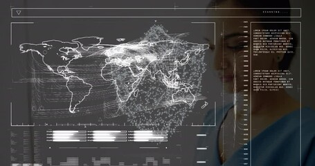 Wall Mural - Animation of data processing with world map over biracial female doctor