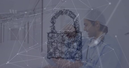 Canvas Print - Animation of data processing with padlock icon and network of connections over diverse doctors