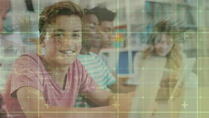 Wall Mural - animation of eyes over diverse students using tablets