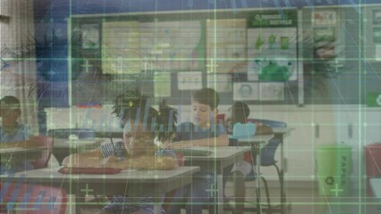 Wall Mural - animation of eyes over diverse schoolchildren writing