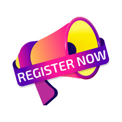 Poster - Register Now banner label, badge icon with megaphone. Flat design