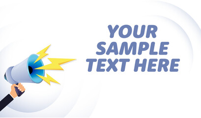 Poster - Hand hold megaphone. Your sample text here, realistic 3d megaphone, loudspeaker with lightning. Symbols Speaker, Social media, Advertising and promotion. Vector
