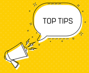 Fototapete - Top tips. Megaphone and colorful yellow speech bubble with quote. Blog management, blogging and writing for website. Concept poster for social networks, advertising, banner