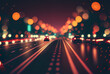 Roadway in the nighttime, abstractly blurred with bokeh. Generative AI