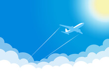 White Plane In Blue Sky Flies Above Clouds Towards Hot Sun. Vector Background