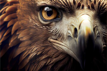 Wall Mural - a close up of a bird of prey with a yellow eye and brown feathers and a black background with a whit