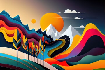  a painting of a mountain landscape with trees and mountains in the background and a sun setting in the sky. Generative AI