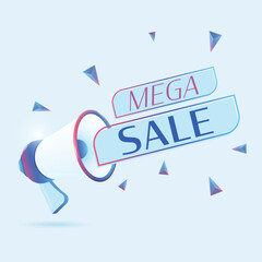 Poster - Mega sale text with 3d realistic megaphone vector illustration. Banner template to announce news about webinar in social media, training course, marketing technology poster