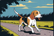 a picture of a beagle trotting down a road. Generative AI