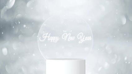 Wall Mural - Christmas holiday snow globe snowball with happy new year greetings, falling snowflakes and bokeh glittering background. Copy space seamless loop background greeting card.