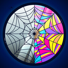 Stained Glass Window In The Form Of A Web With Divided Halves. The Concept Of Good And Evil. Gray And Multi-colored Window With Rainbow Mosaic. Stock Vector Illustration With Mystical Mood.
